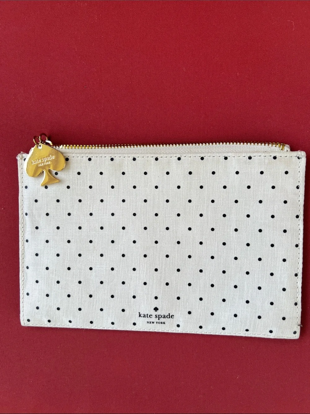 kate spade Cream and Black Polka Dot Zip Pouch with Gold Spade Charm